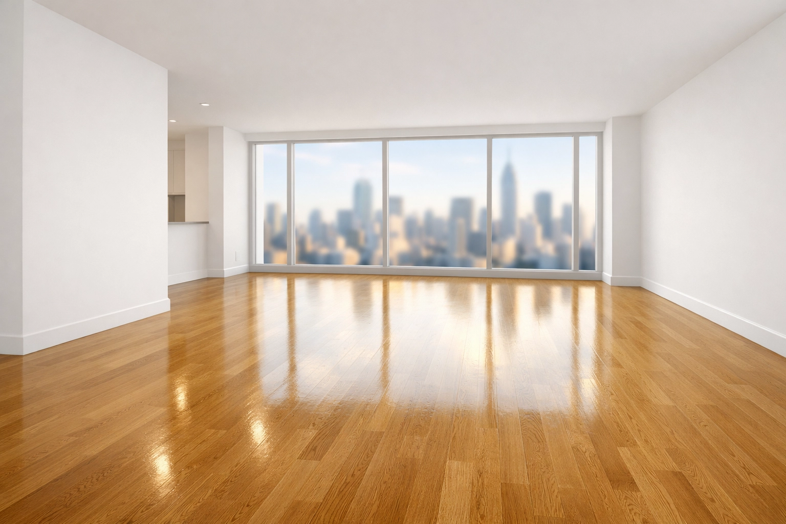Sun-drenched move-in ready luxury apartment with clean oak floors and a city skyline view.