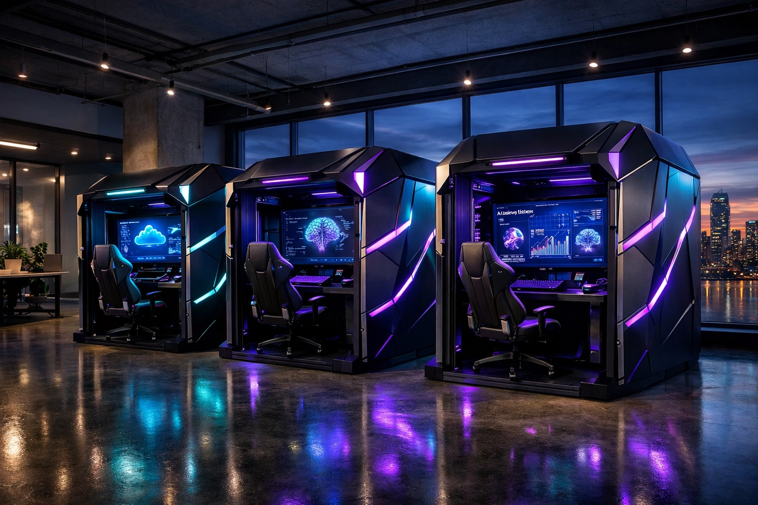 Modern office with multiple EsportsPods for Gen Z employee cloud and AI skills training