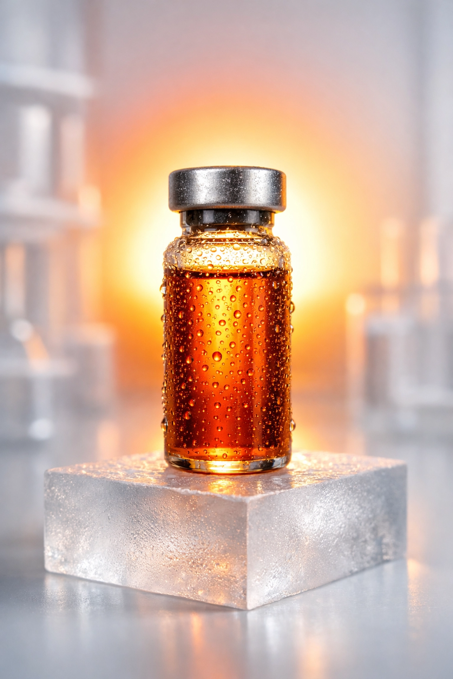 Premium Melanotan research vial with a golden glow representing advanced sunless tanning and skin results.