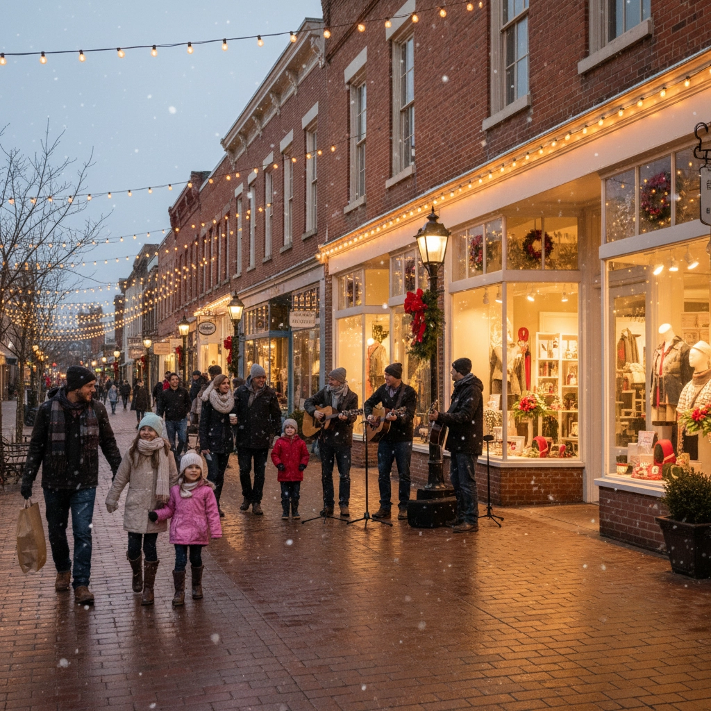 People enjoying holiday shopping and festive decorations on Haddon Avenue in Collingswood, South Jersey People enjoying holiday shopping and festive decorations on Haddon Avenue in Collingswood, South Jersey