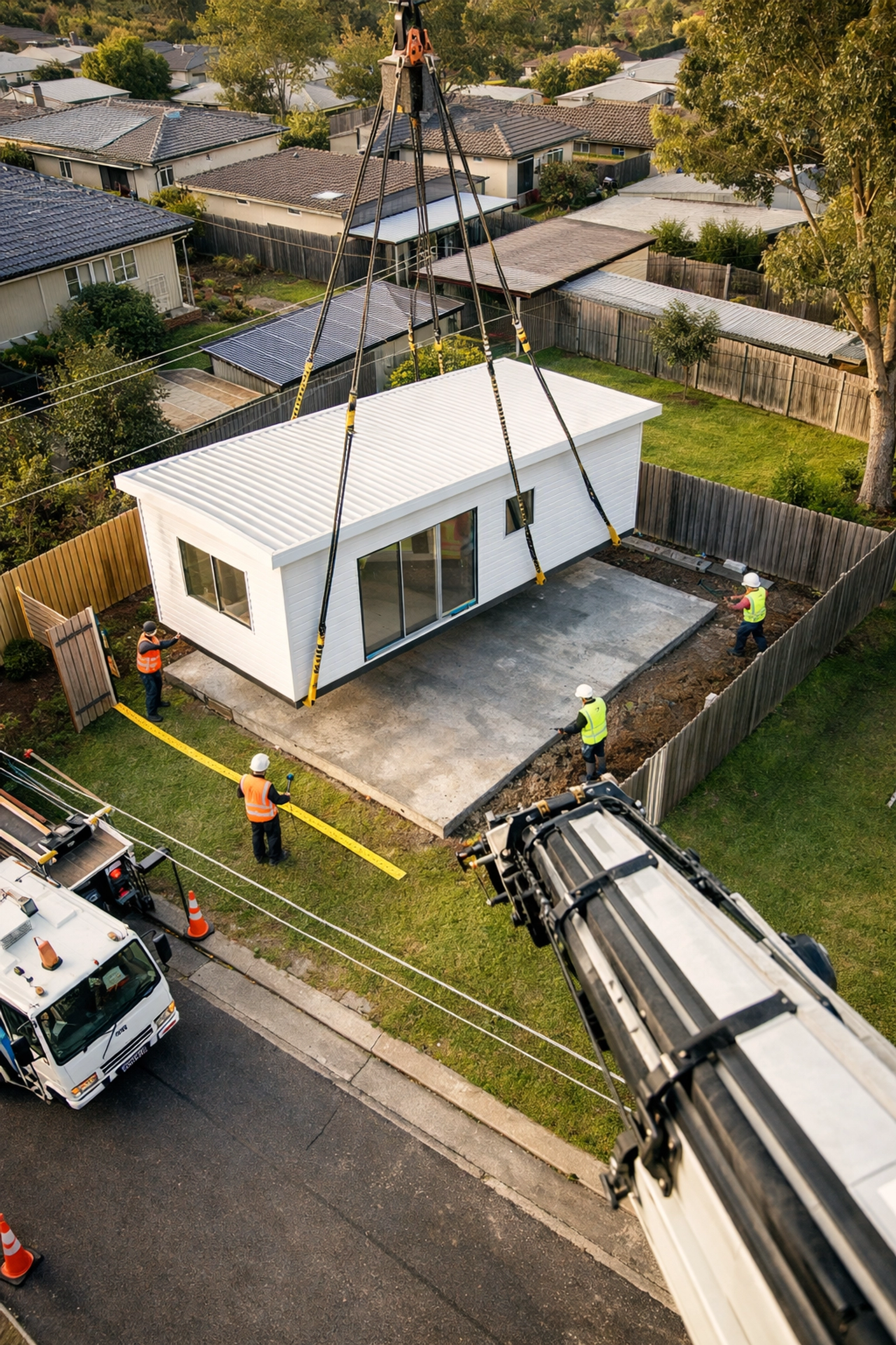 Crane delivering modular granny flat section to suburban backyard showing site access requirements
