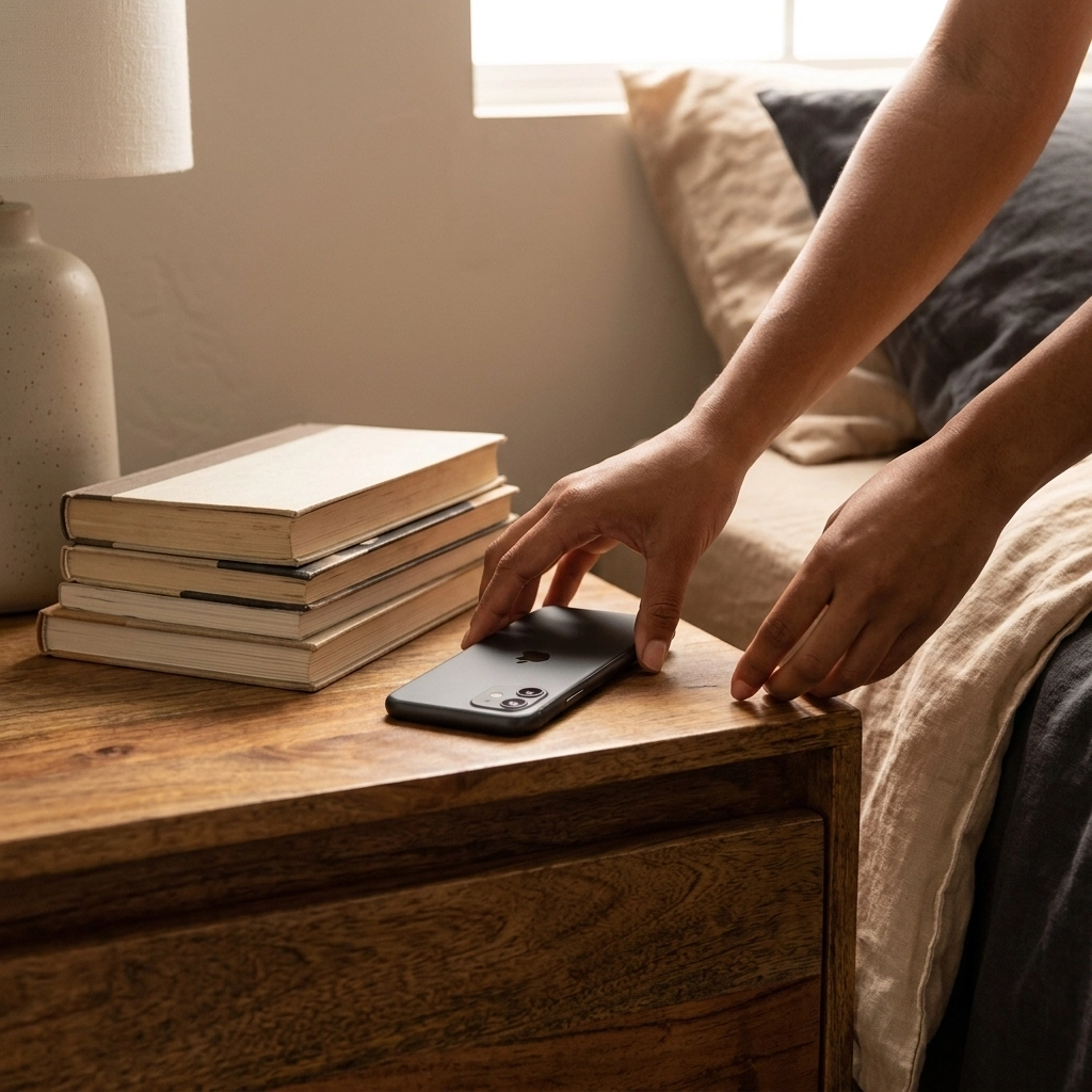 Hands placing a smartphone face down on a bedside table, symbolizing a digital sunset.