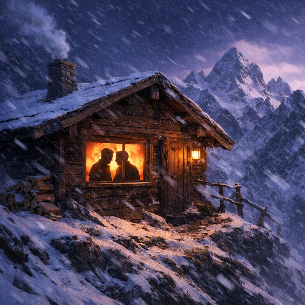 Alpine shepherd's hut refuge for two men in historical MM romance snowstorm scene