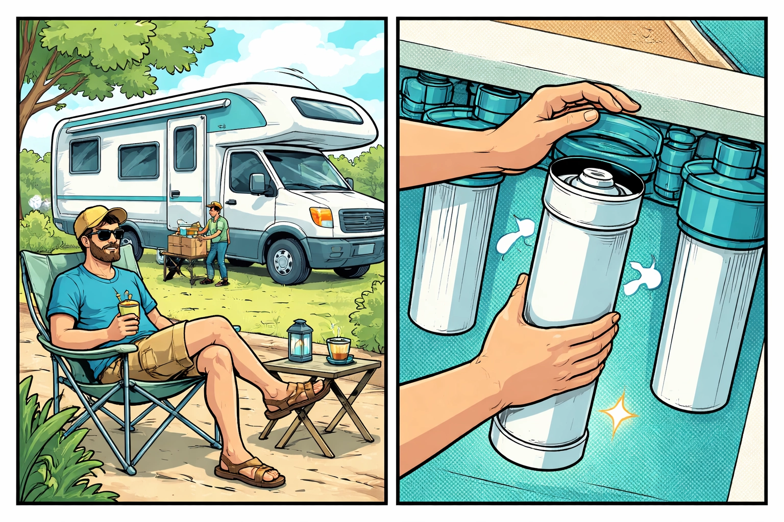 Happy RV camper receiving a delivery and easily replacing a water filter cartridge, highlighting subscription convenience.