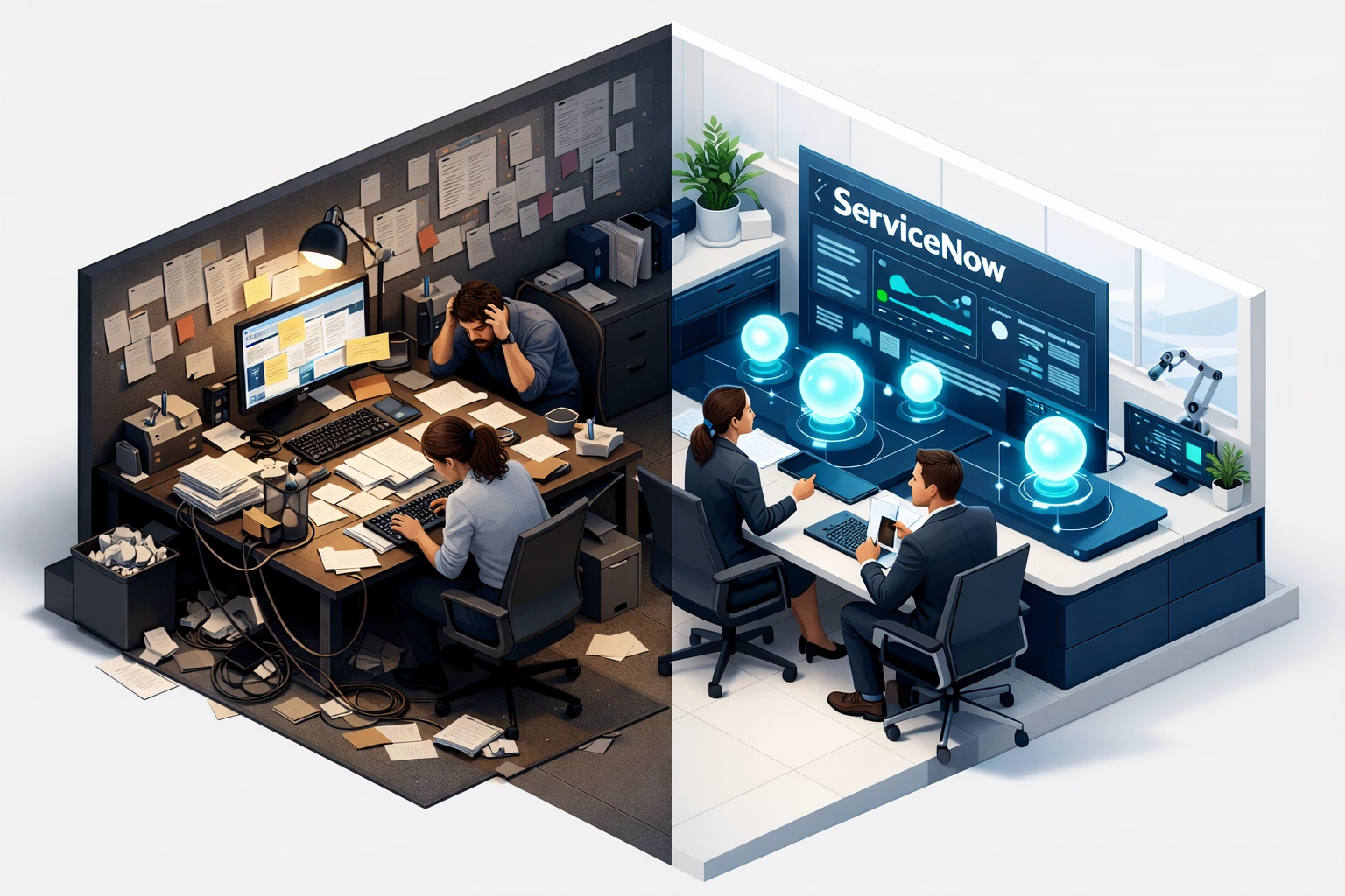 Business transformation before and after ServiceNow implementation showing improved efficiency