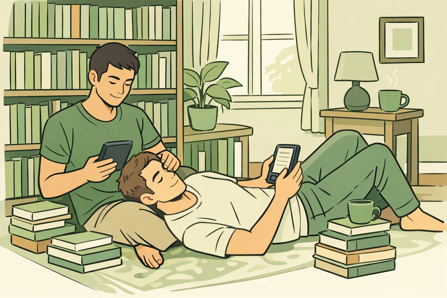 Two men share a peaceful romantic moment while reading gay eBooks in a sun-drenched home library.