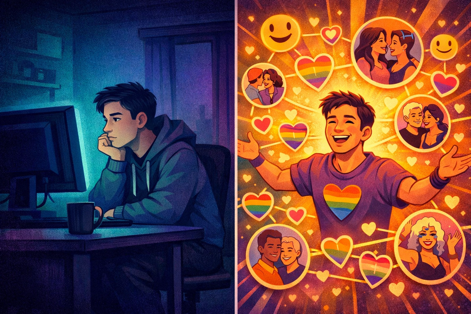 LGBTQ+ person finding community and connection through 1990s internet forums