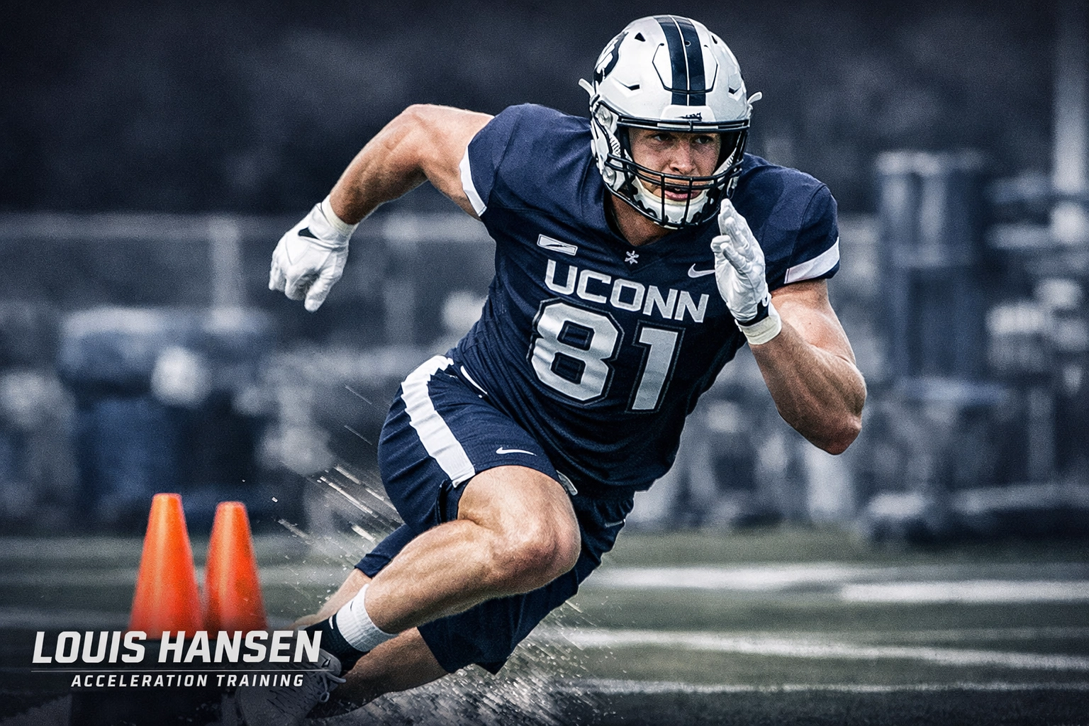 Louis Hansen in UConn football jersey #81 training with a premium scouting-profile vibe in Navy, White, and Silver