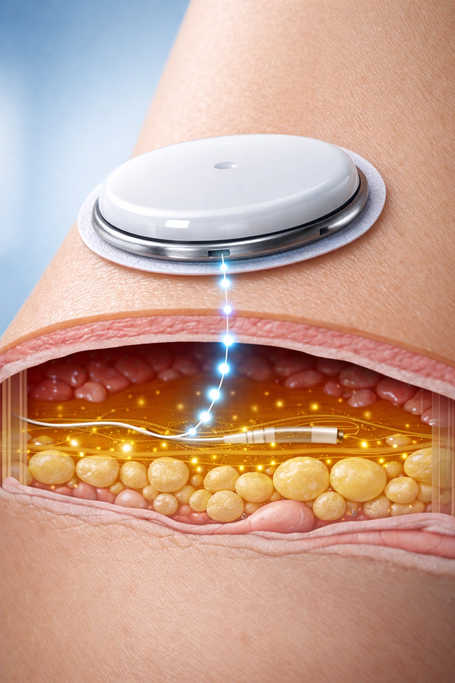 Diagram of a CGM sensor filament measuring glucose levels in interstitial fluid.