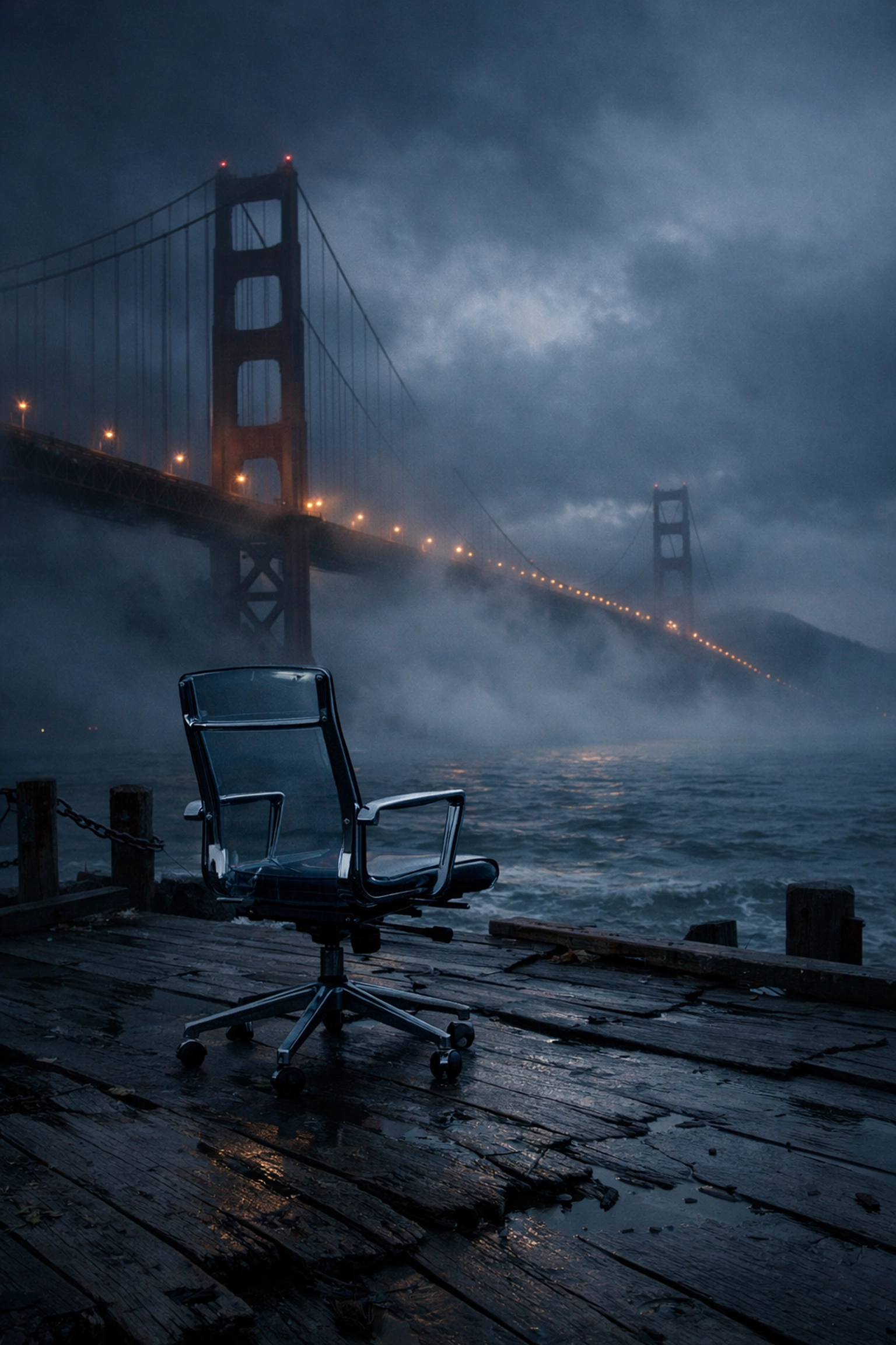 Abandoned office chair at the Golden Gate Bridge representing the shifting focus of startups in California.