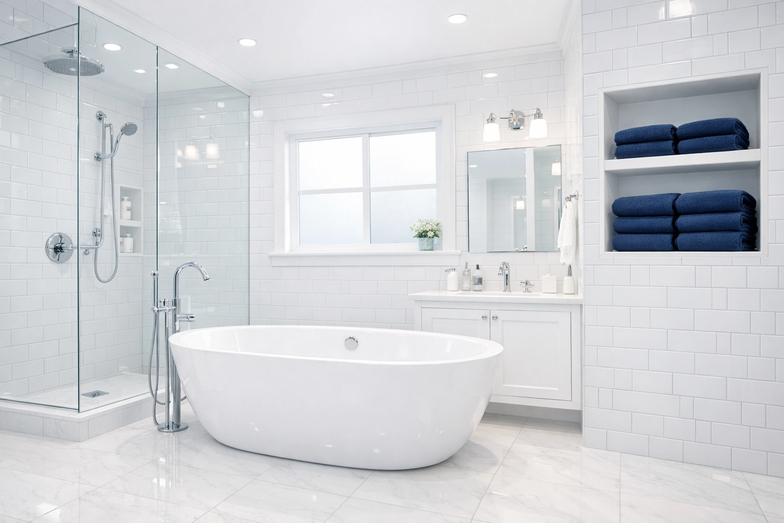 Pristine white bathroom tiles and tub following a thorough move-out cleaning Worcester MA.