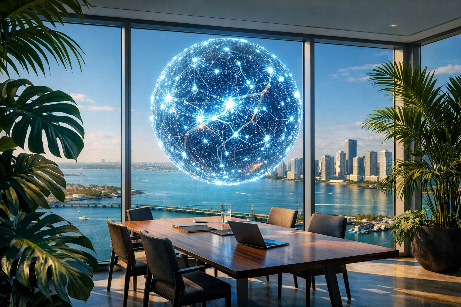 Advanced AI neural network hologram in a Miami workspace symbolizing the future of search.