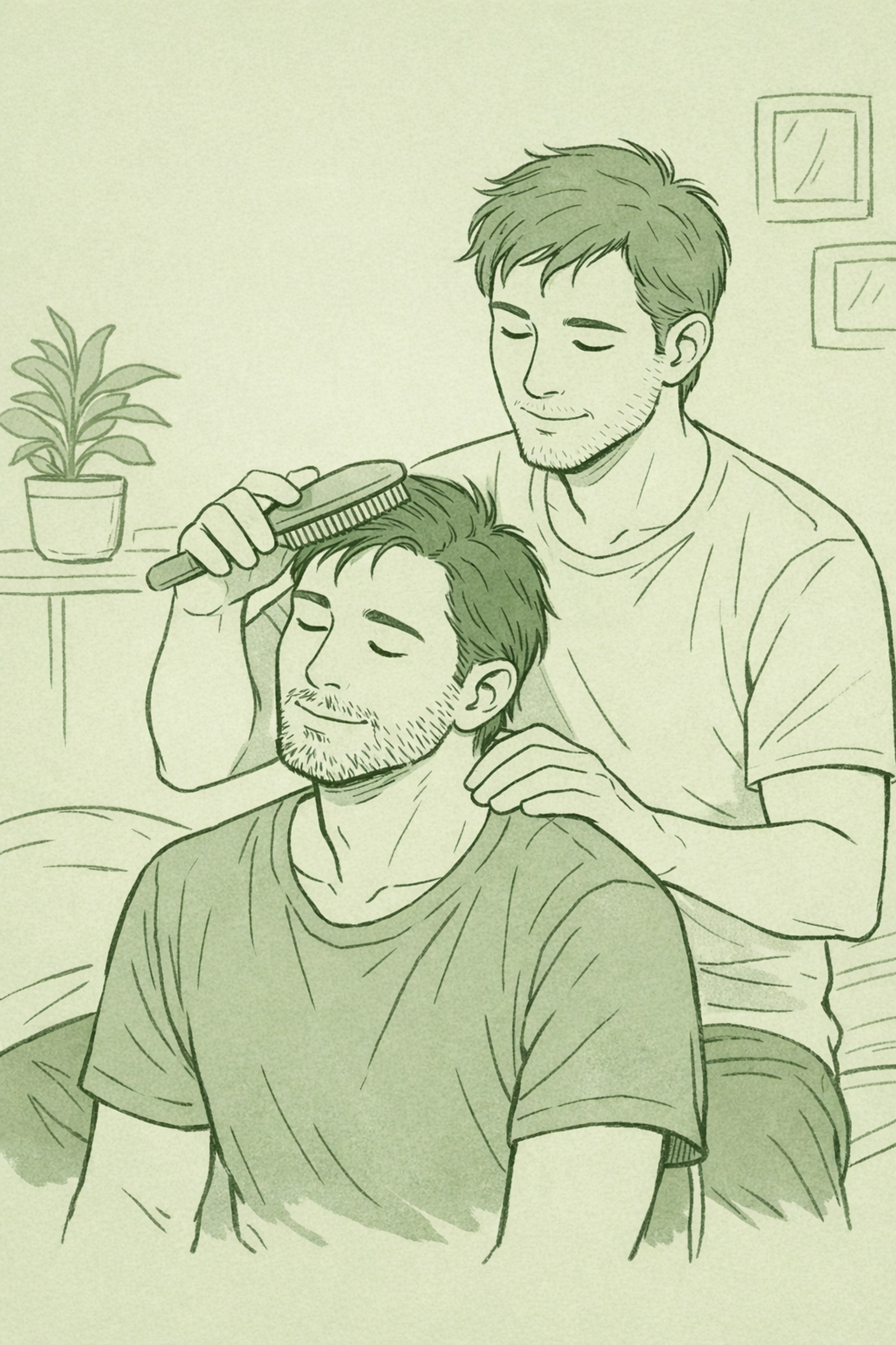 Handler grooming his pup in tender MM romance aftercare scene