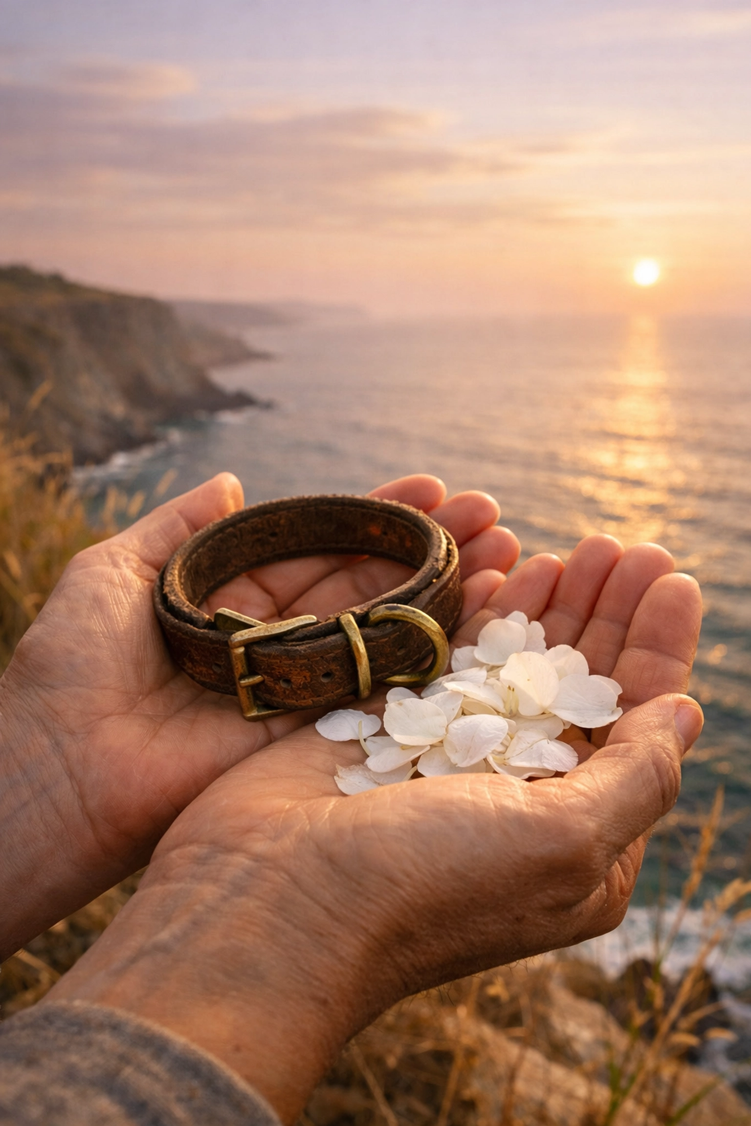 Hands holding a pet collar and petals for a serene dog ash scattering ceremony at a coastal cliff.