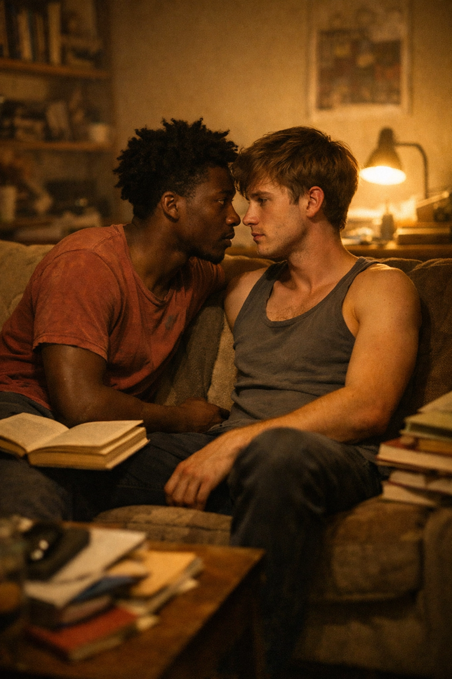 Two men share intimate moment in apartment exploring MM romance and connection