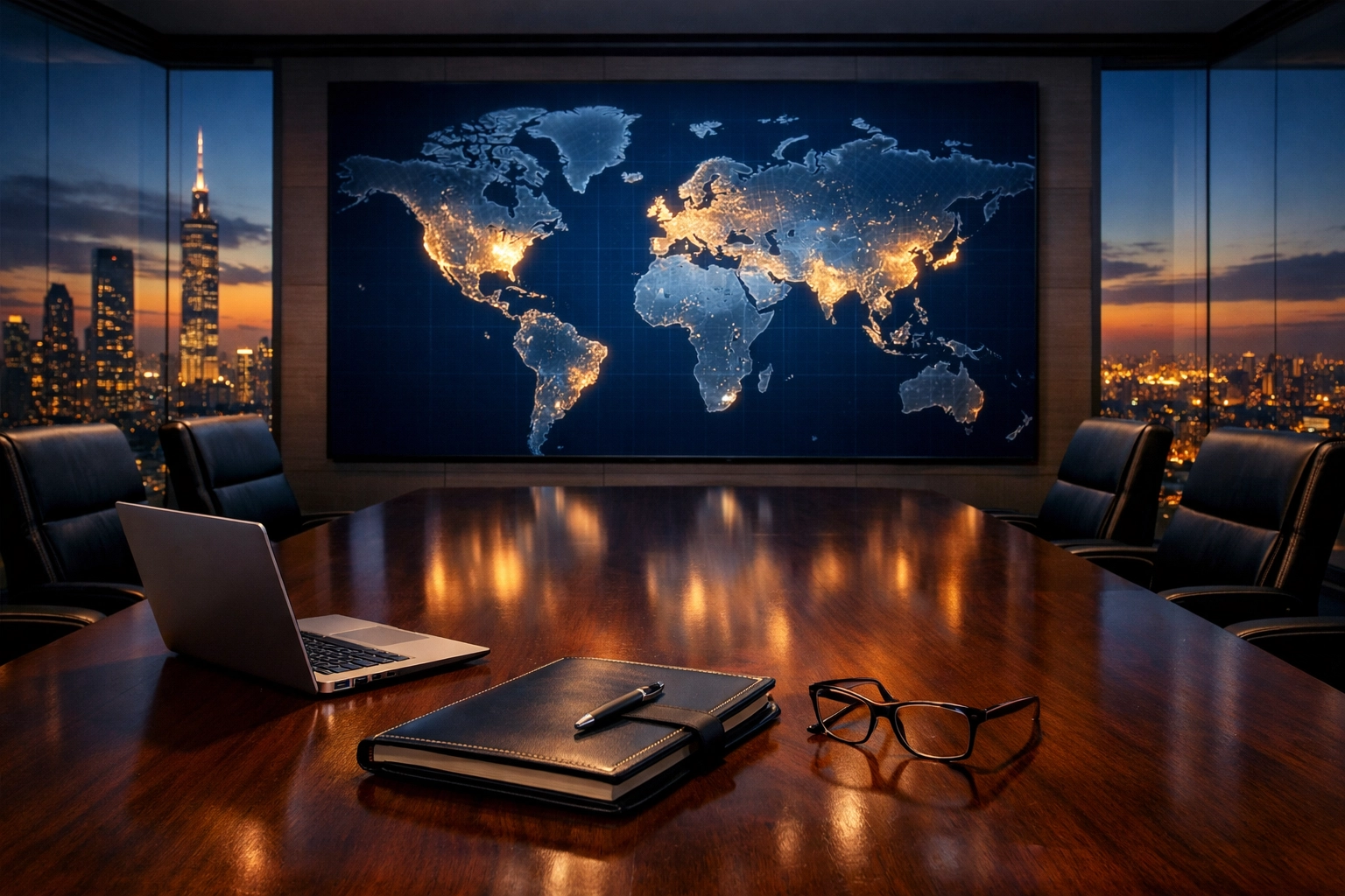 Modern corporate boardroom with a global map screen for strategic market entry and media ROI planning.