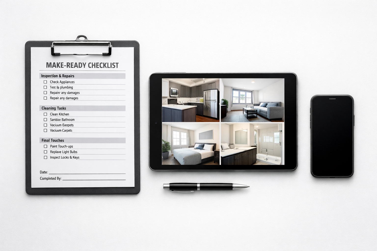 Make-ready checklist and tablet with apartment photos for efficient property turnover planning