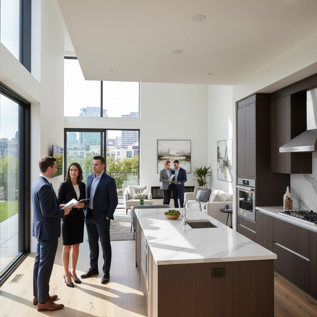 Real estate agent discussing terms with potential buyers during a home showing in the competitive Delran, NJ market. Real estate agent discussing terms with potential buyers during a home showing in the competitive Delran, NJ market.