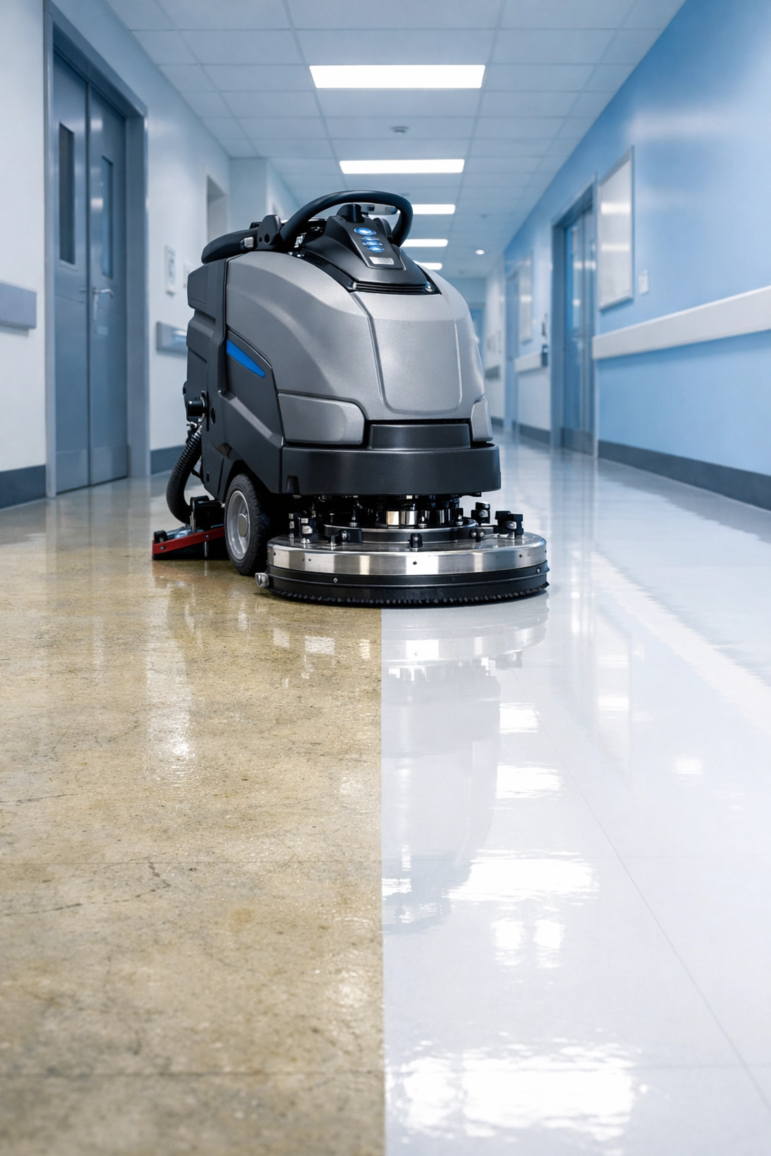 Professional floor scrubbing machine restoring a dull commercial floor to a mirror-like polish in Quincy, IL.