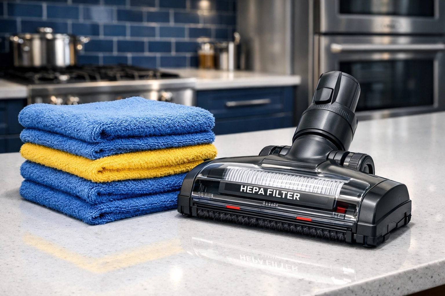 HEPA vacuum and microfiber tools for professional eco-friendly house cleaning in Framingham MA kitchens.