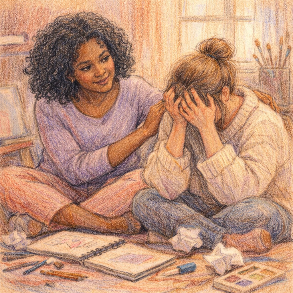 Coach supporting creative woman struggling with inner critic and creative block in art studio