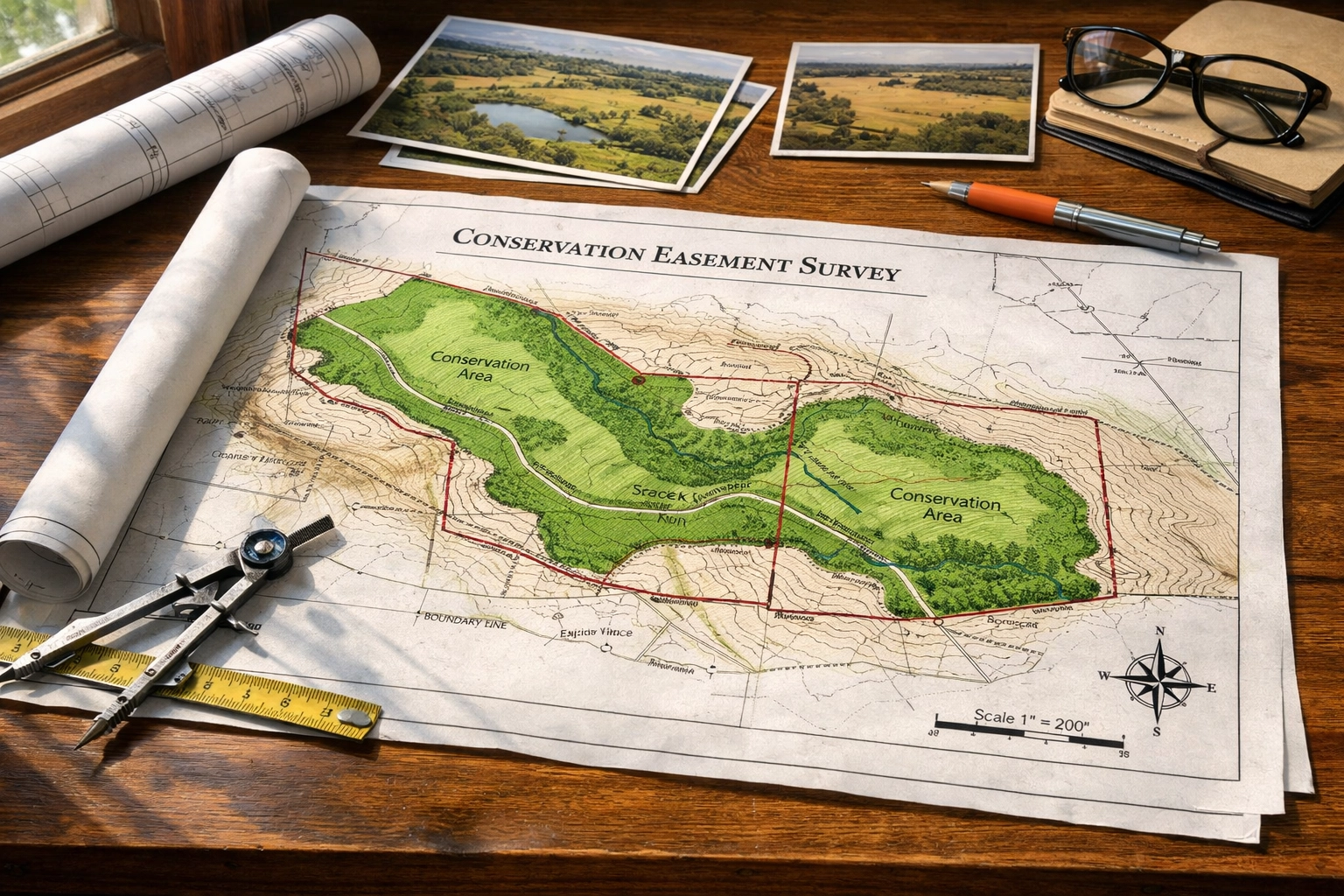 Conservation easement map with property boundaries and surveying tools on desk
