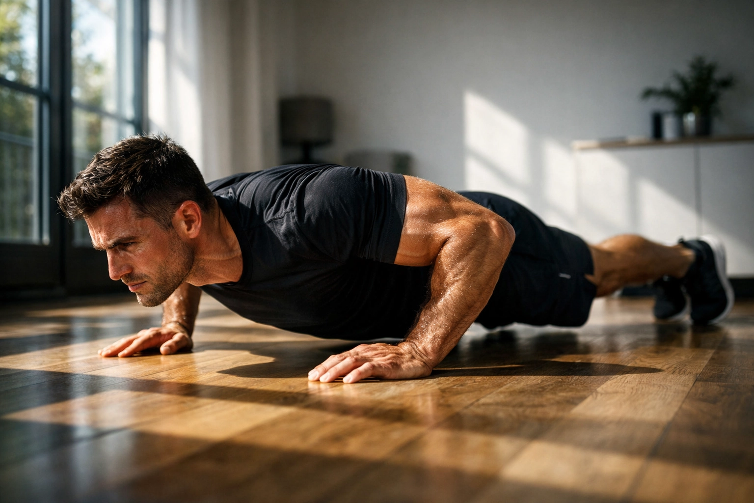 Athlete performing proper form push-up at home on wooden floor with natural lighting