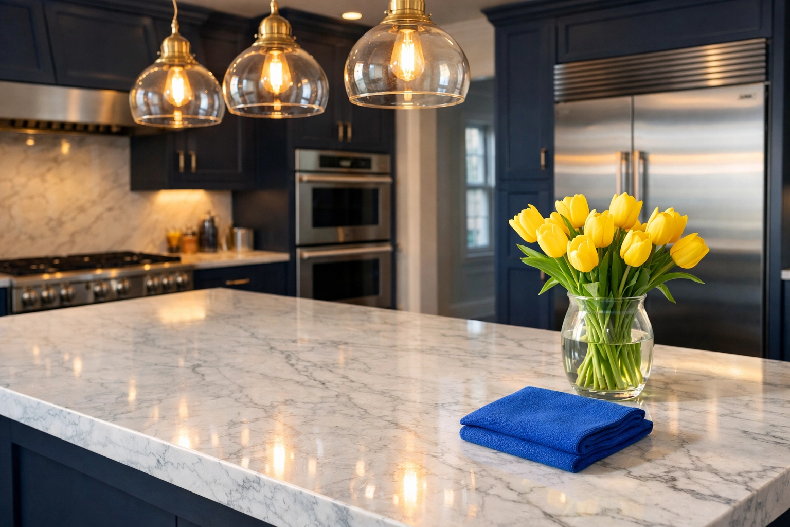 Spotless luxury kitchen in Sudbury MA with a white marble island and professional cleaning touches.