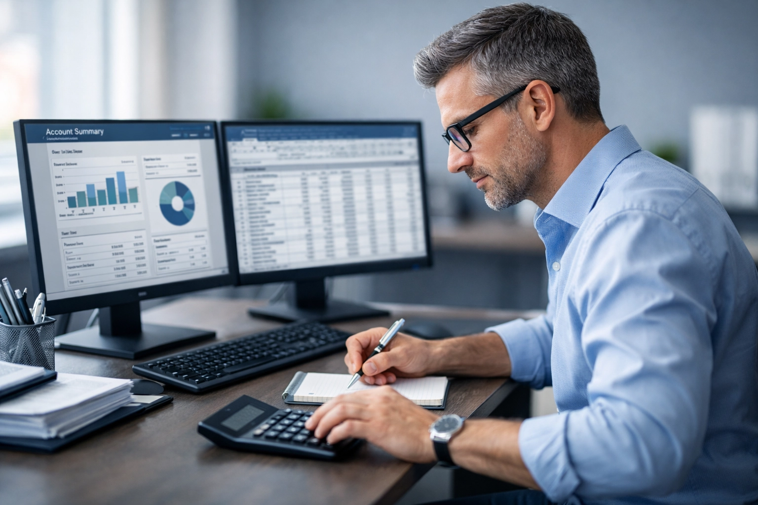 Professional bookkeeper working with financial software on dual monitors in Charlotte office