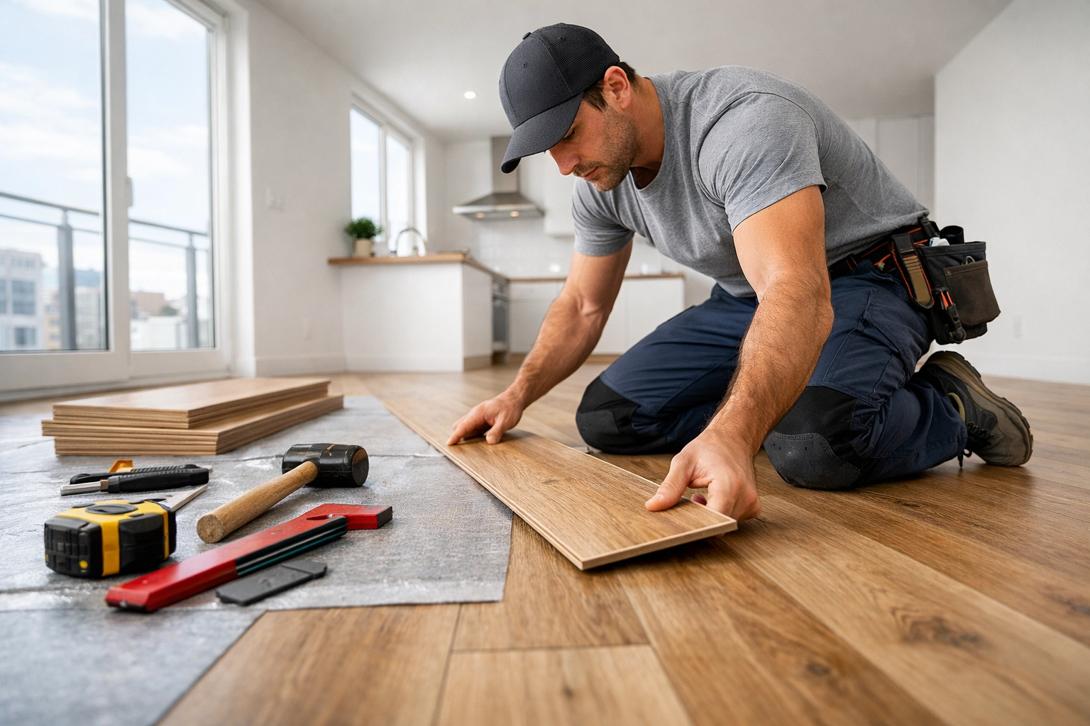 Contractor installing new flooring during apartment turnover process