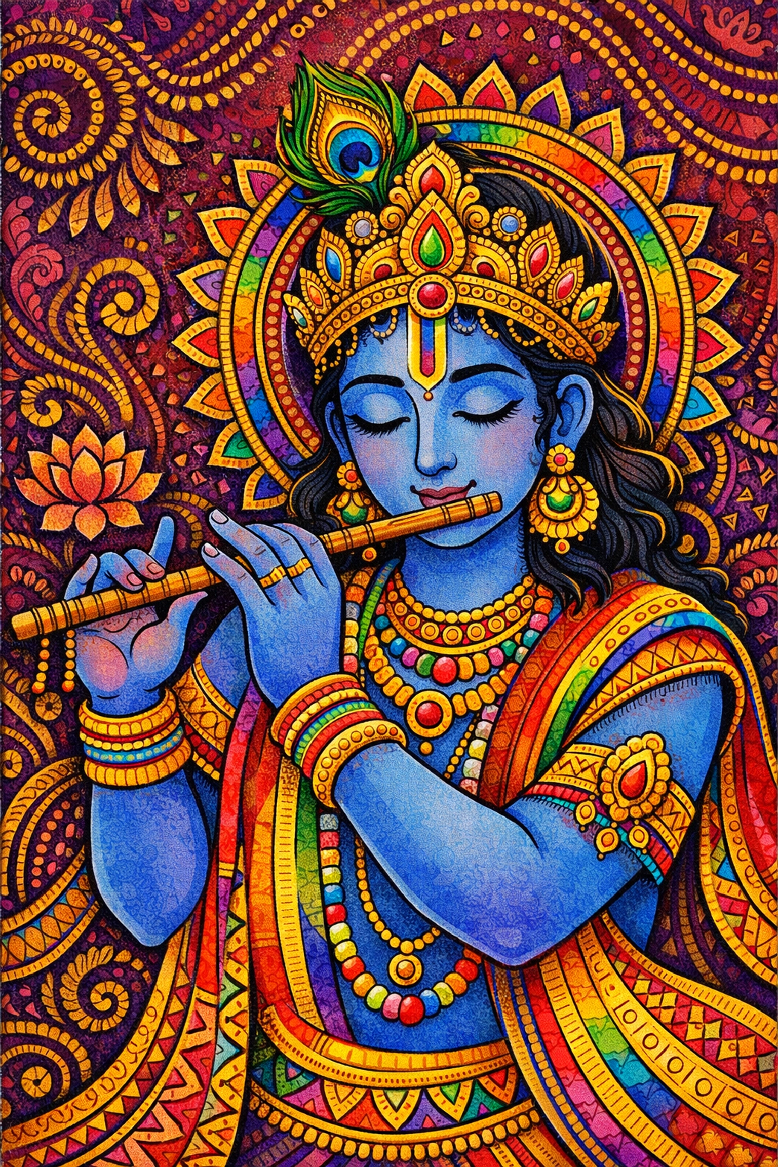 Lord Krishna playing flute in traditional Indian art celebrating gender fluidity and queer Hindu devotion