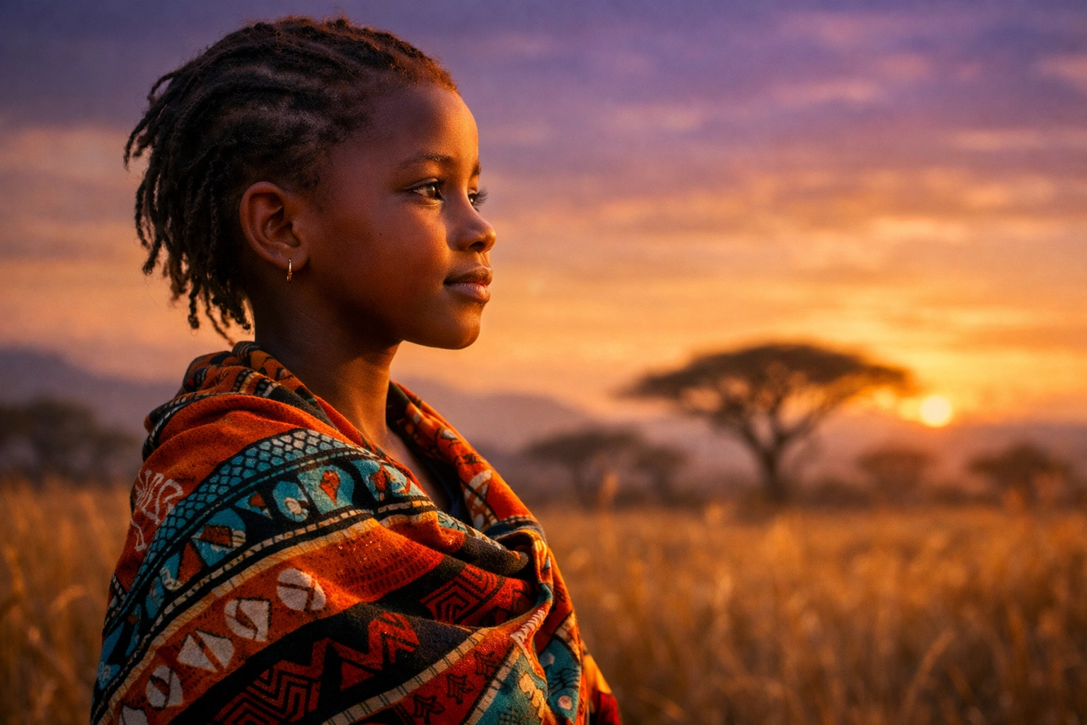 A young girl standing in a field at sunset, representing the resilience of displaced people worldwide.