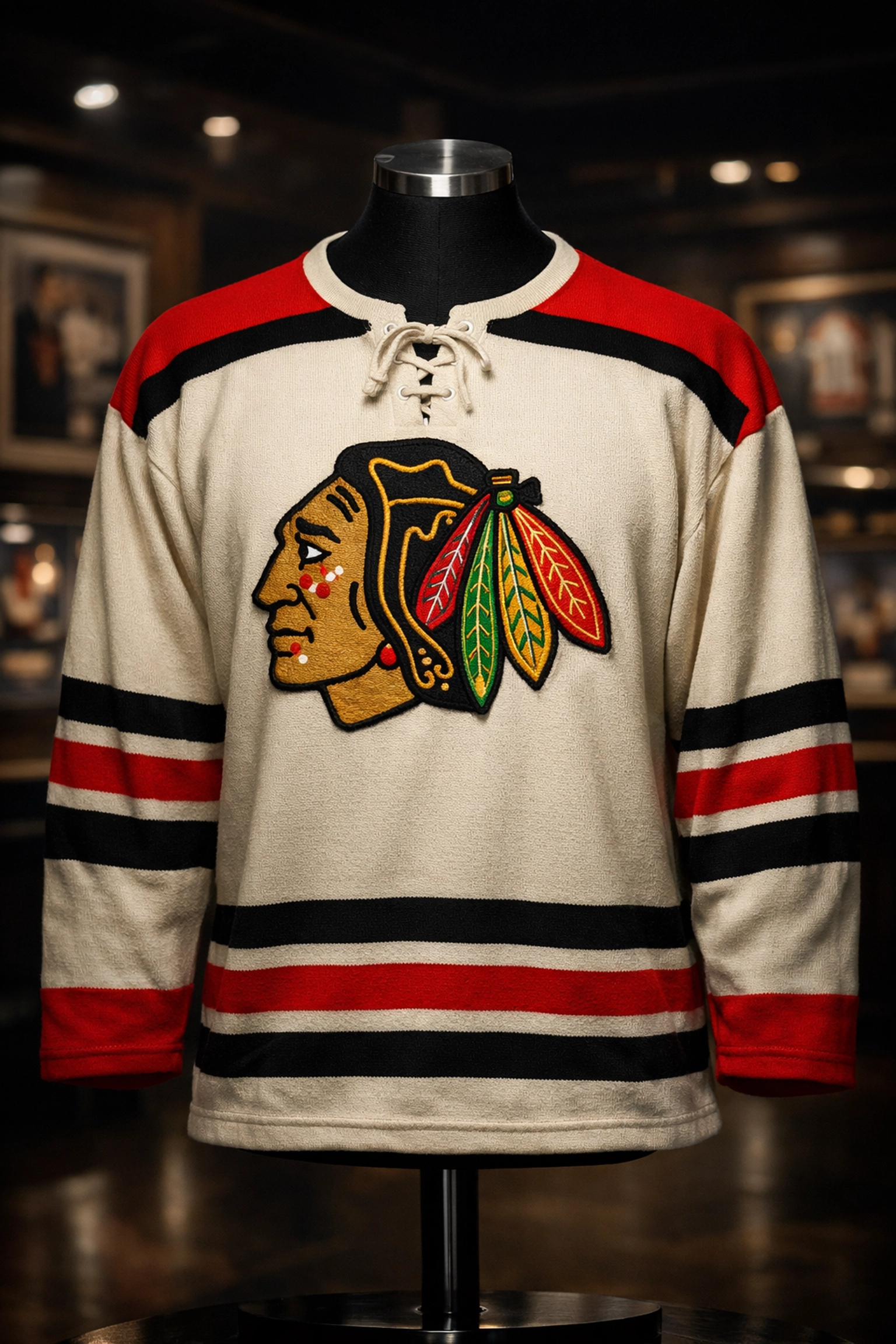 Detailed view of an authentic vintage hockey jersey in a professional sports memorabilia display.