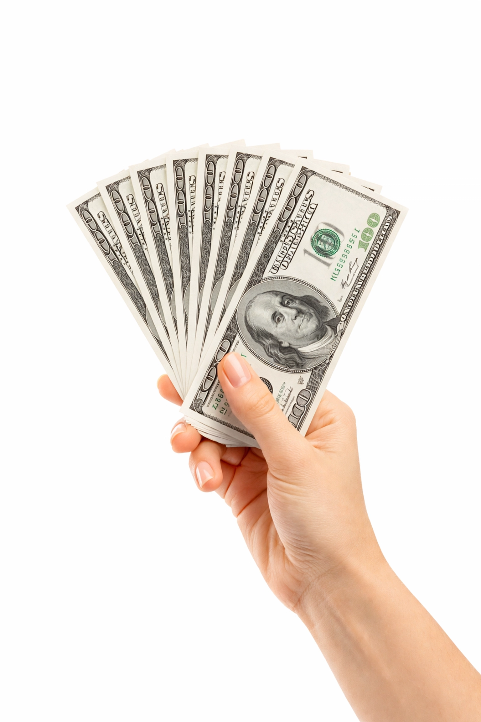 Hand holding US dollar bills, symbolizing cash savings and no commission when selling a house in Florida