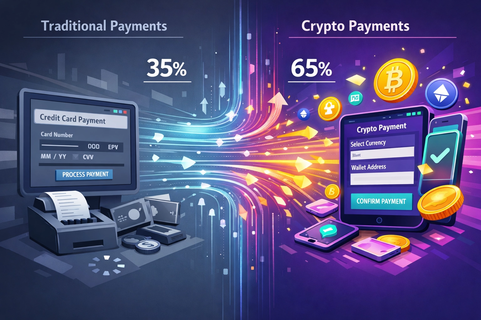 Parallel payment systems comparison showing NOWPayments and Larecoin transaction flows side by side