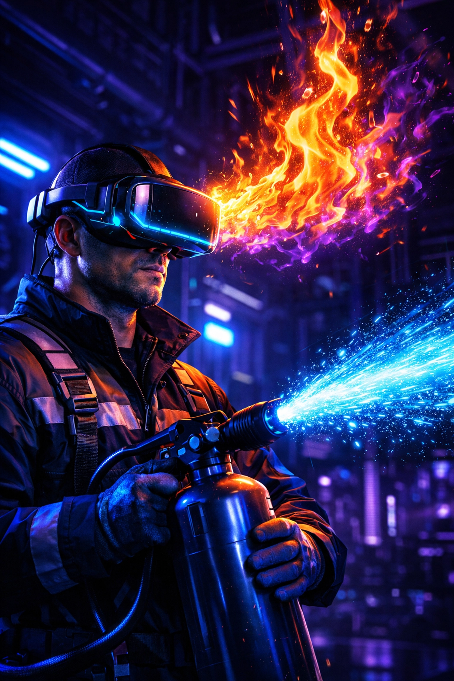 Worker practicing fire safety in a virtual reality training simulation using a holographic extinguisher.