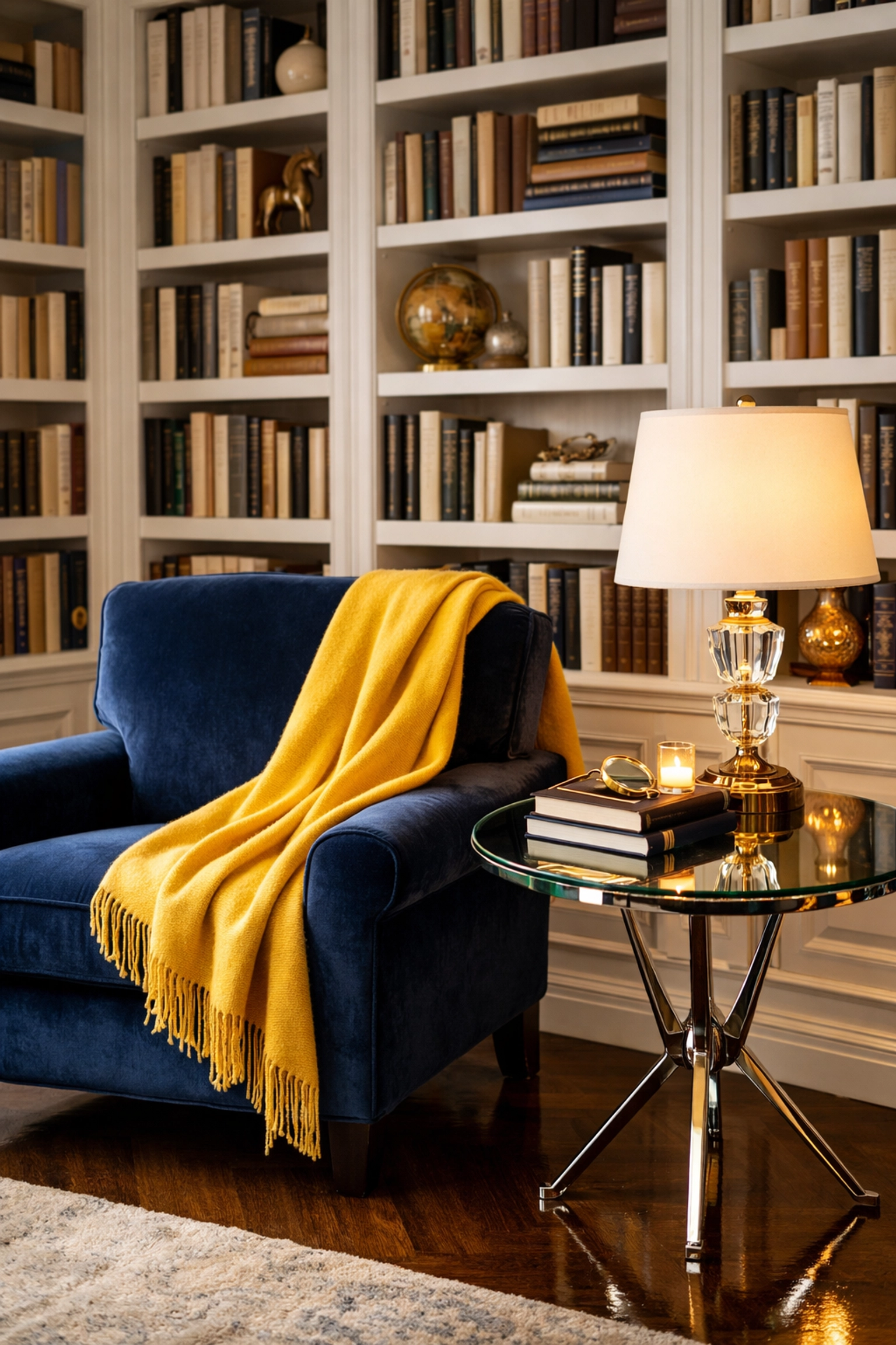 Dust-free home library with organized bookshelves after professional weekly house cleaning.
