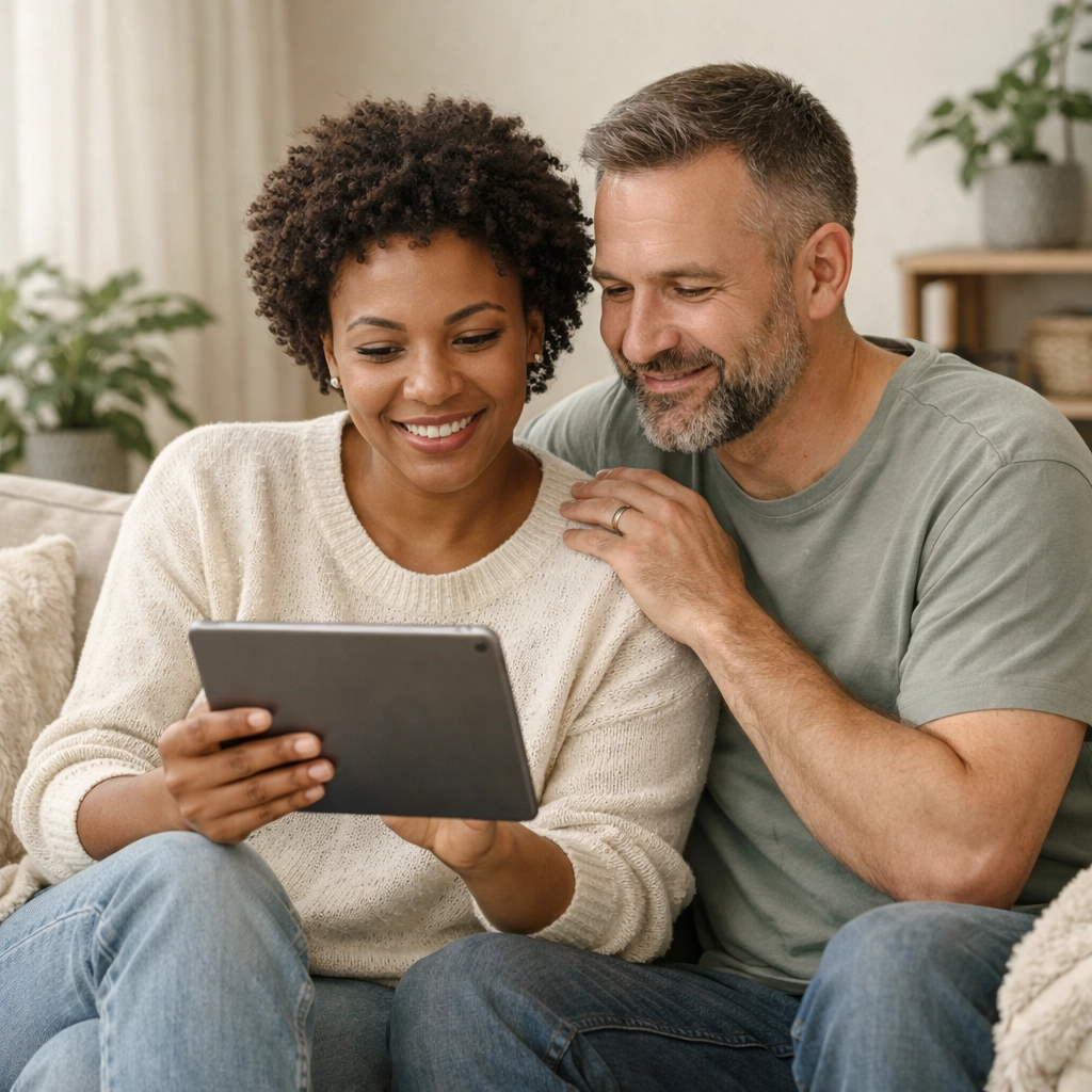 Relaxed couple applying for secure installment loans in Canada on a tablet at home.