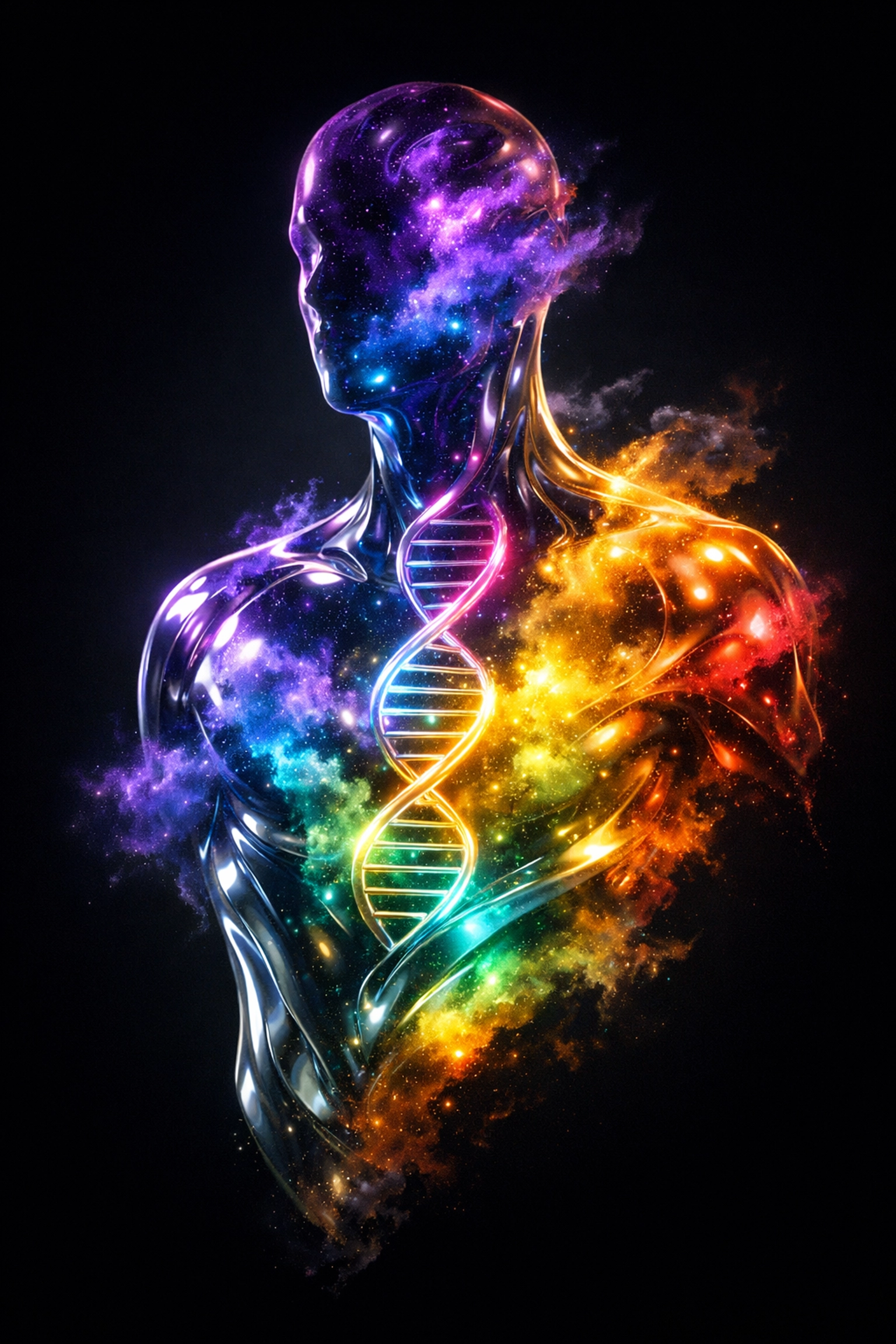 An iridescent silhouette with a DNA helix, representing the intersection of the science of gender and the soul.