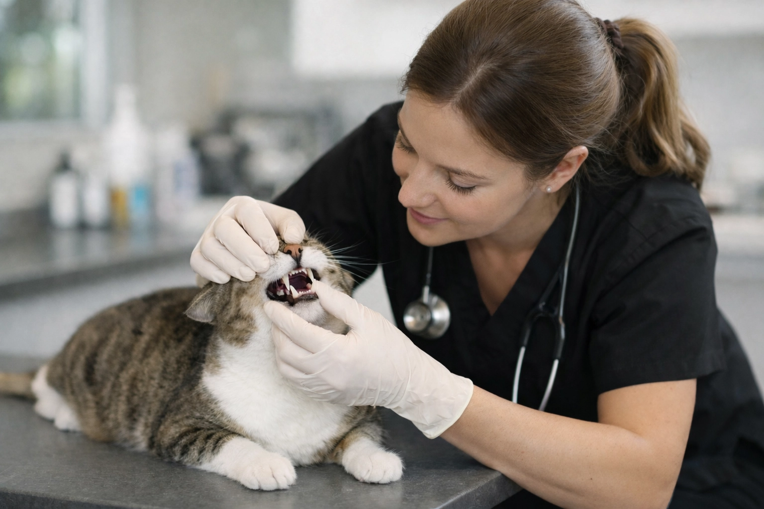 Is Your Pet’s 'Stinky Breath' a Health Warning? The Truth About Pet Dental Disease Veterinarian gently examining a calm cat’s mouth on an exam table in a modern clinic with natural light.