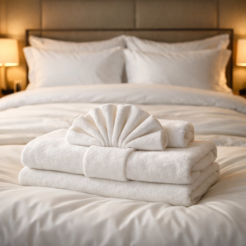 Luxury Airbnb master bedroom with crisp white linens and professionally folded towels in Kissimmee.