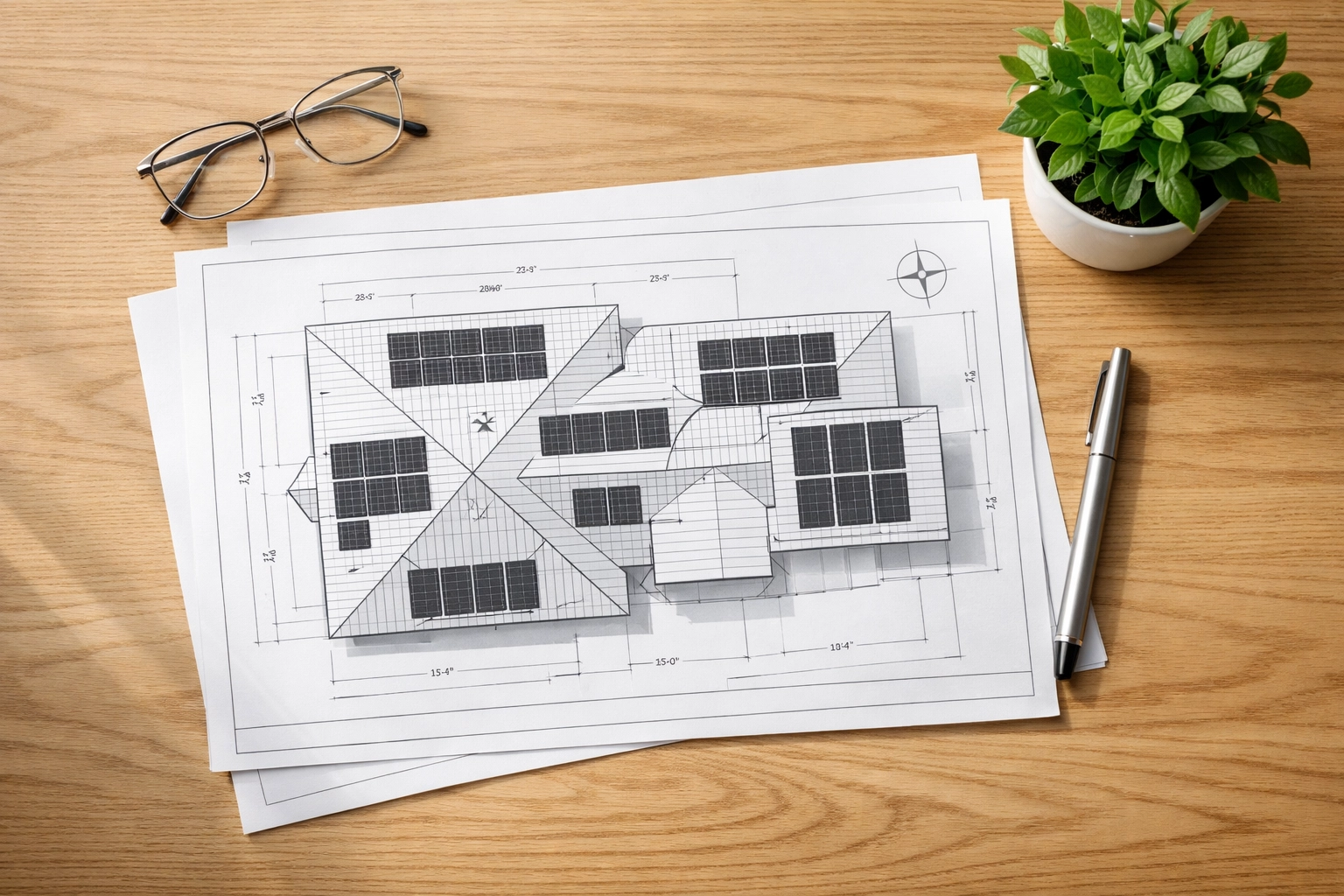 Technical solar PV installation blueprints for a business solar power project on a commercial roof.