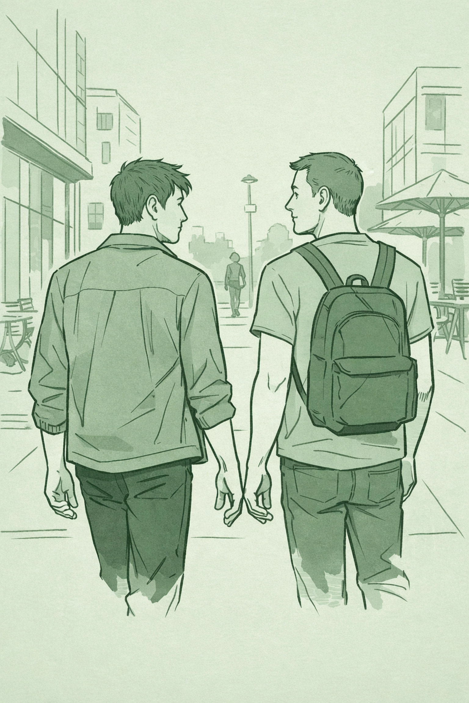 Two gay men walking together showing attraction and hesitation in contemporary setting