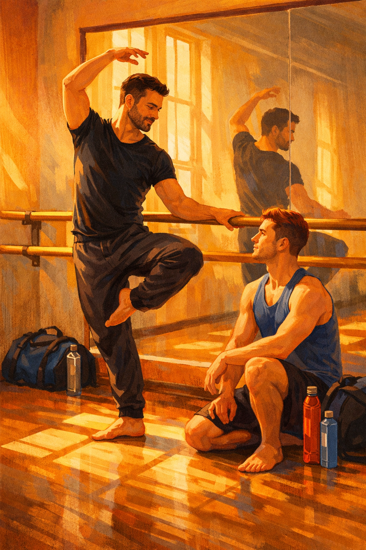 Gay dance instructor teaching student in sunlit ballet studio with mirrors