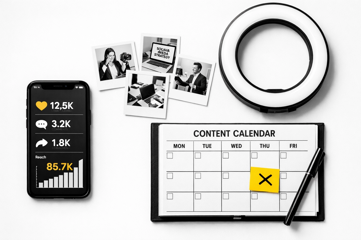 Social media marketing tools including smartphone, ring light, and content calendar for strategic planning