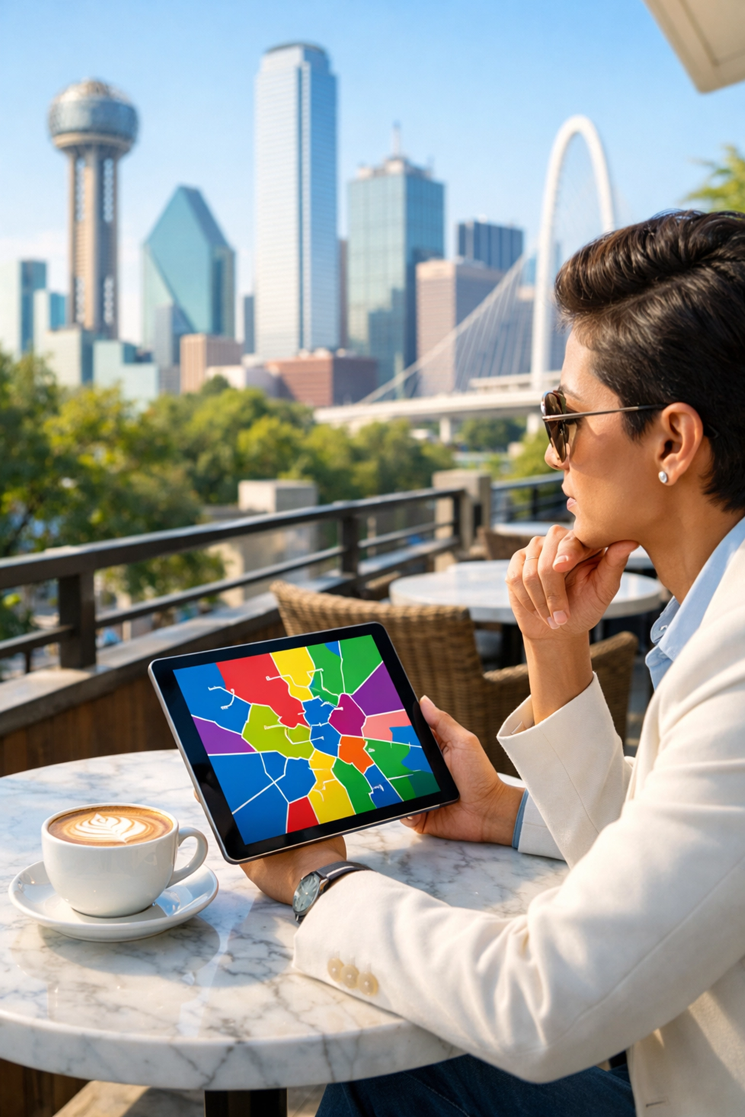 Professional researching Dallas neighborhoods and relocation options at an outdoor cafe near the skyline.