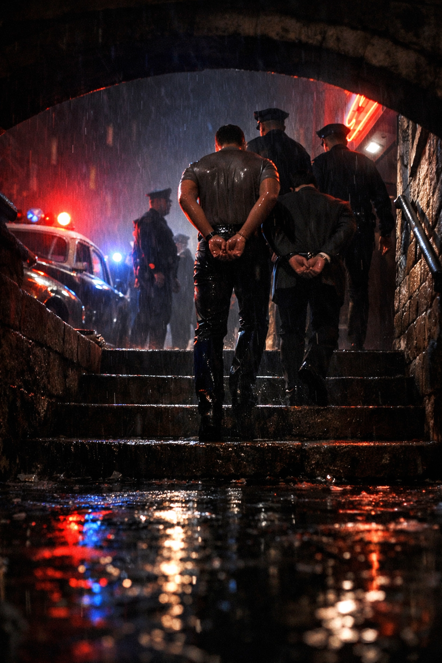 Police raid at a gay bar in 1950s New York showing arrests and persecution