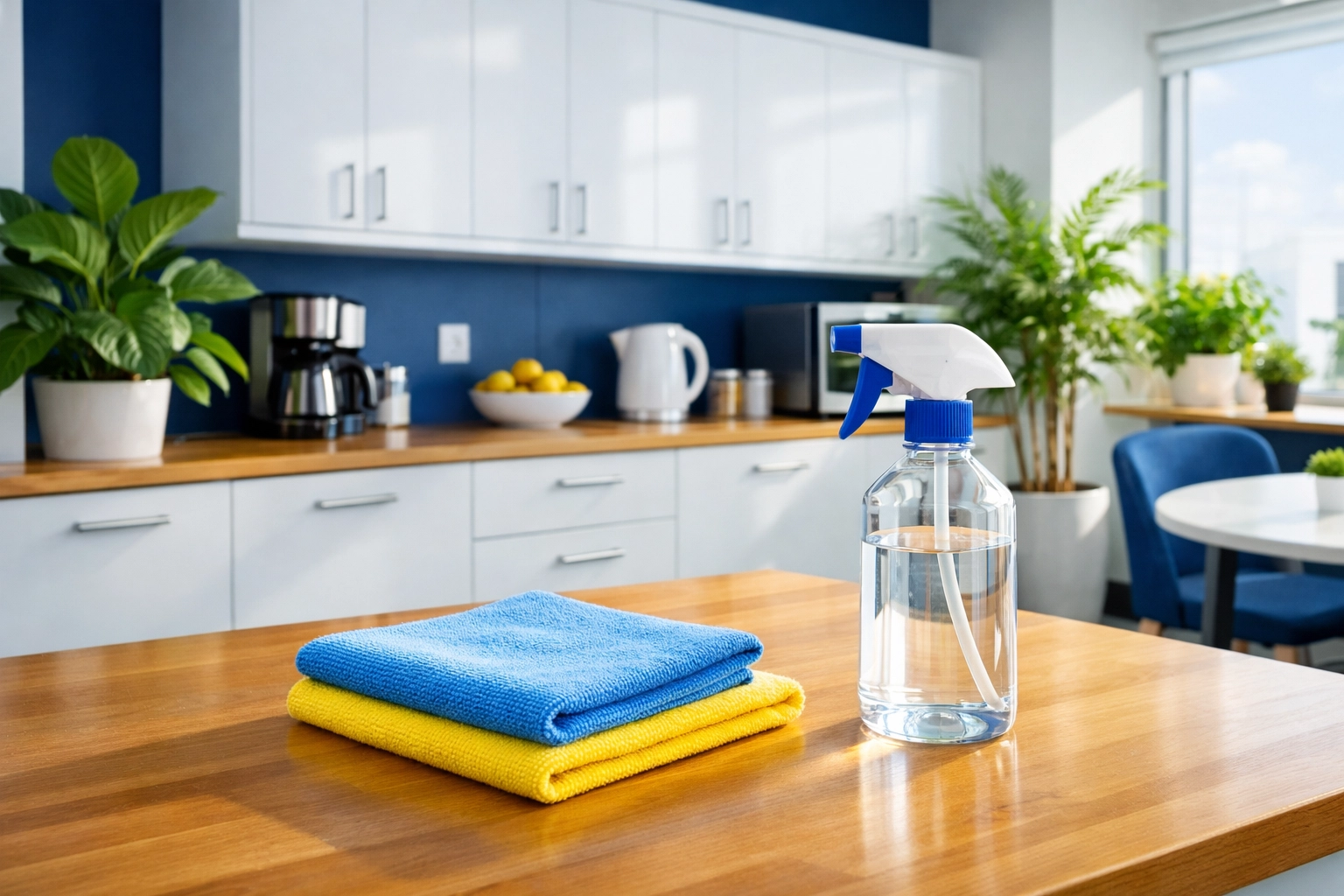 Eco-friendly commercial cleaning in Acton: a spotless office breakroom with green plants and clean surfaces.