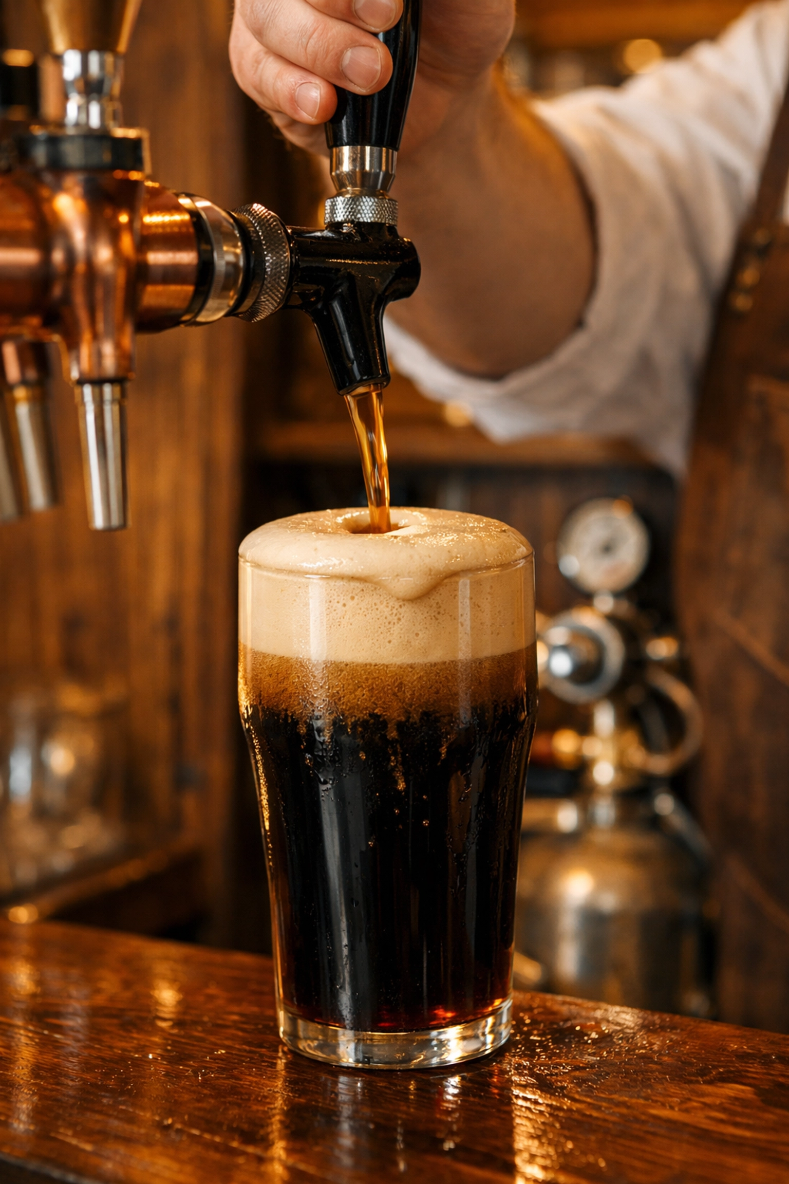 Professional bartender pouring a pint of beer using high-quality beer and cellar gas.