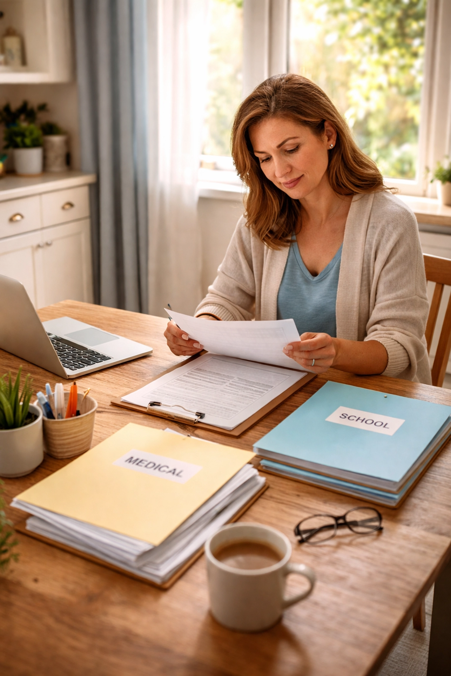 Parent reviewing organized school and medical documents with a child custody lawyer fredericksburg va resource guide after divorce in Fredericksburg VA